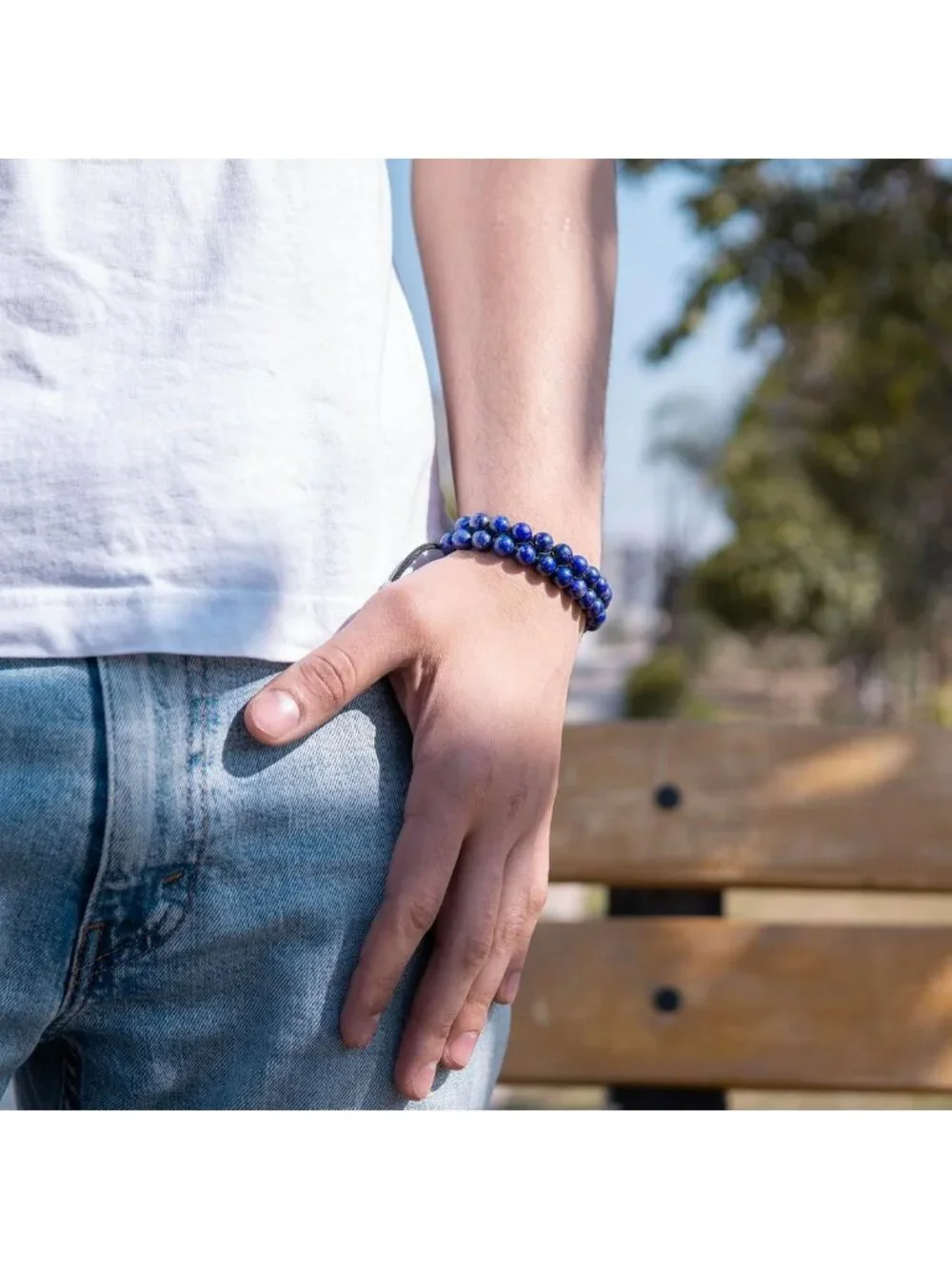 Handcrafted Blue Lapis Lazuli Beaded Bracelet for Men - Adjustable Artisan